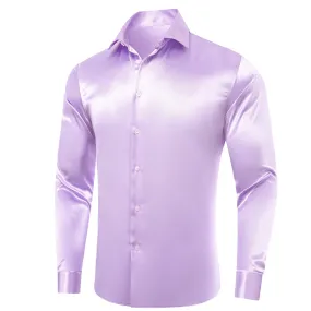 Light Purple Solid Satin Men's Long Sleeve Shirt