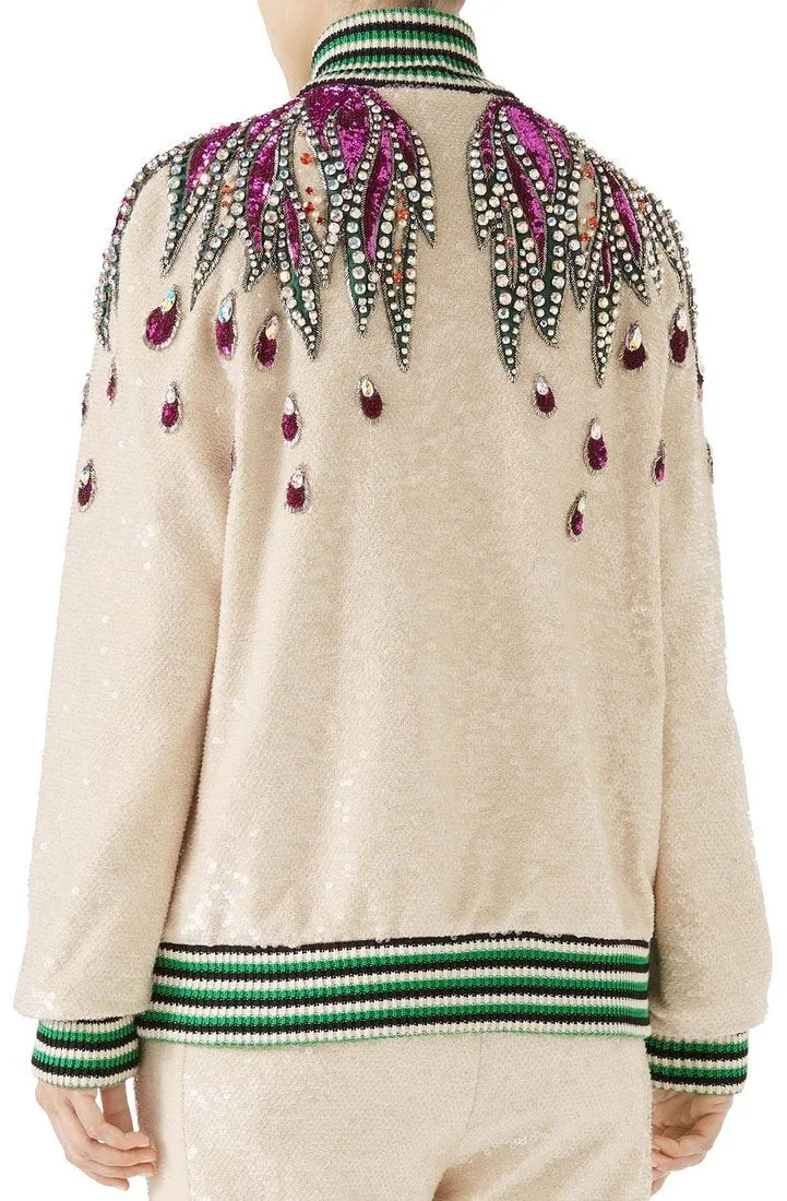 Long-Sleeve Sequin Embroidered Bomber Jacket with Jewel Trim *Limited Stock*