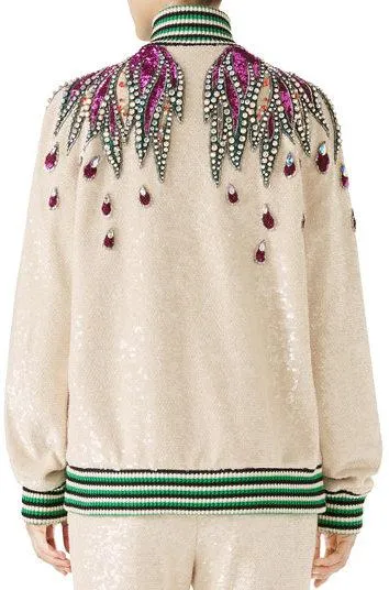 Long-Sleeve Sequin Embroidered Bomber Jacket with Jewel Trim *Limited Stock*