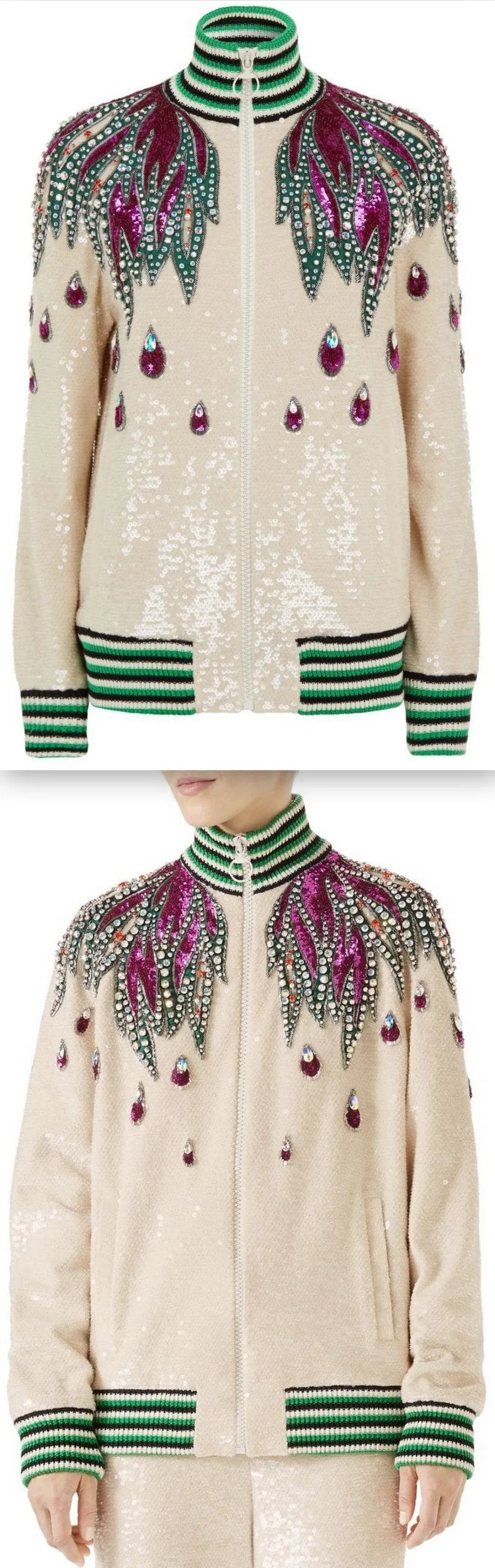 Long-Sleeve Sequin Embroidered Bomber Jacket with Jewel Trim *Limited Stock*