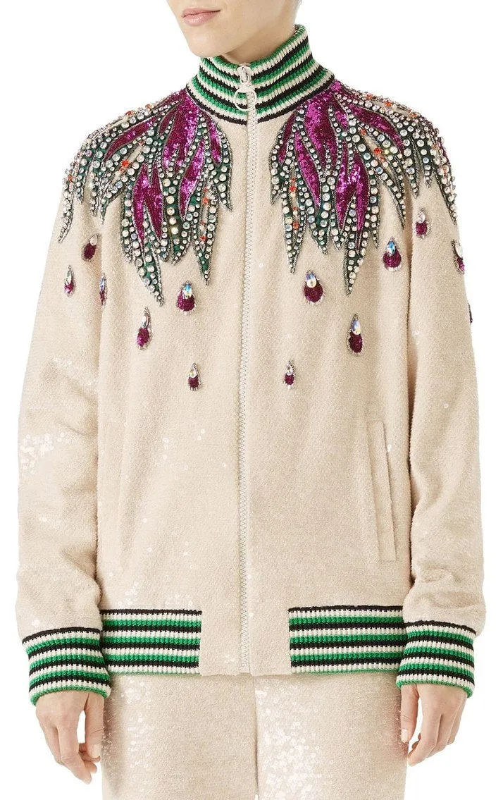 Long-Sleeve Sequin Embroidered Bomber Jacket with Jewel Trim *Limited Stock*