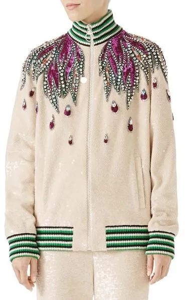 Long-Sleeve Sequin Embroidered Bomber Jacket with Jewel Trim *Limited Stock*