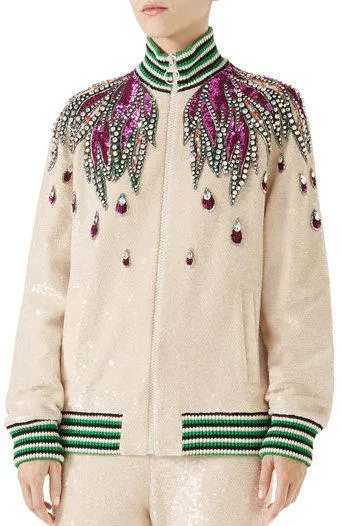 Long-Sleeve Sequin Embroidered Bomber Jacket with Jewel Trim *Limited Stock*