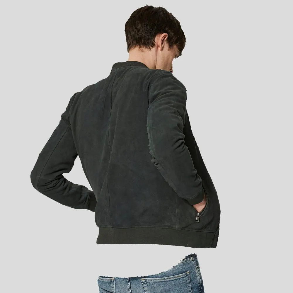 Lucy Dark Green Suede Bomber Leather Jacket for Men