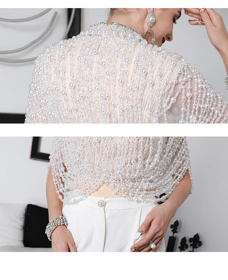 Luxury limited edition heavy hand beaded custom full body pearl exquisite self design cocktail party wedding top