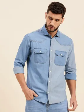 Men Blue Tencel Color Block Regular Shirt