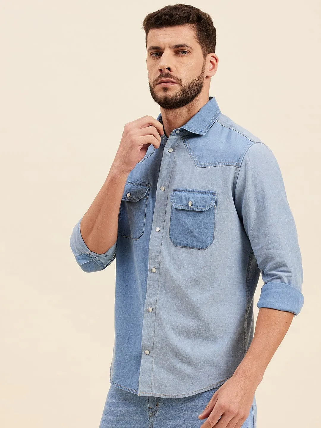 Men Blue Tencel Color Block Regular Shirt