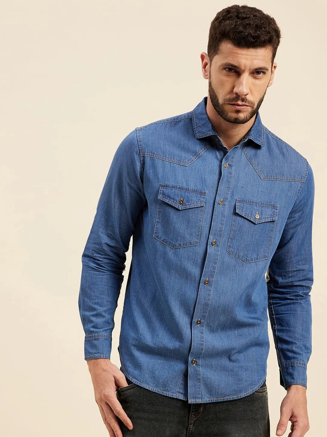 Men Blue Tencel Elbow Patch Regular Shirt