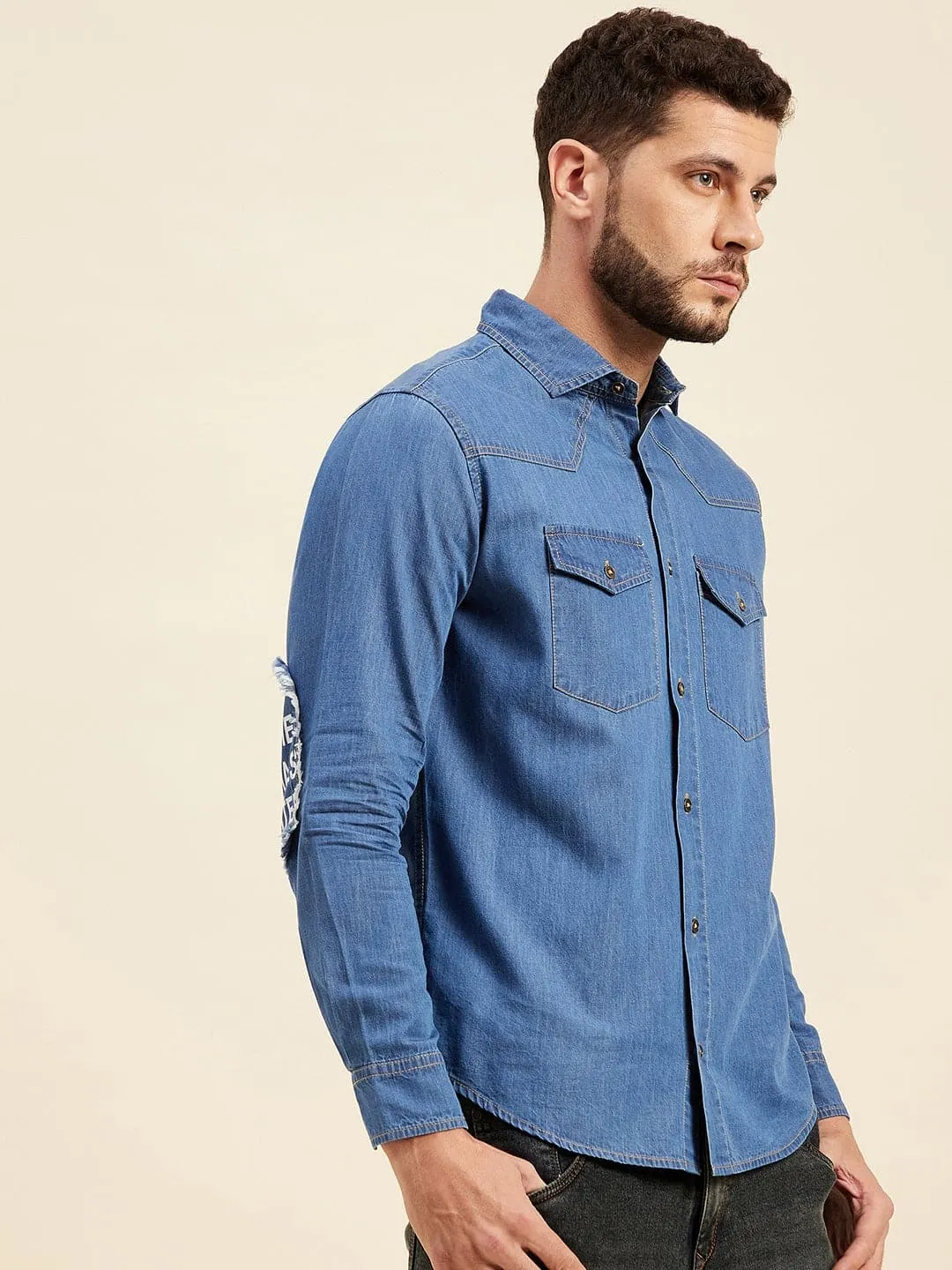 Men Blue Tencel Elbow Patch Regular Shirt