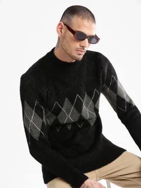 Men Round Neck Argyle Black Pullover