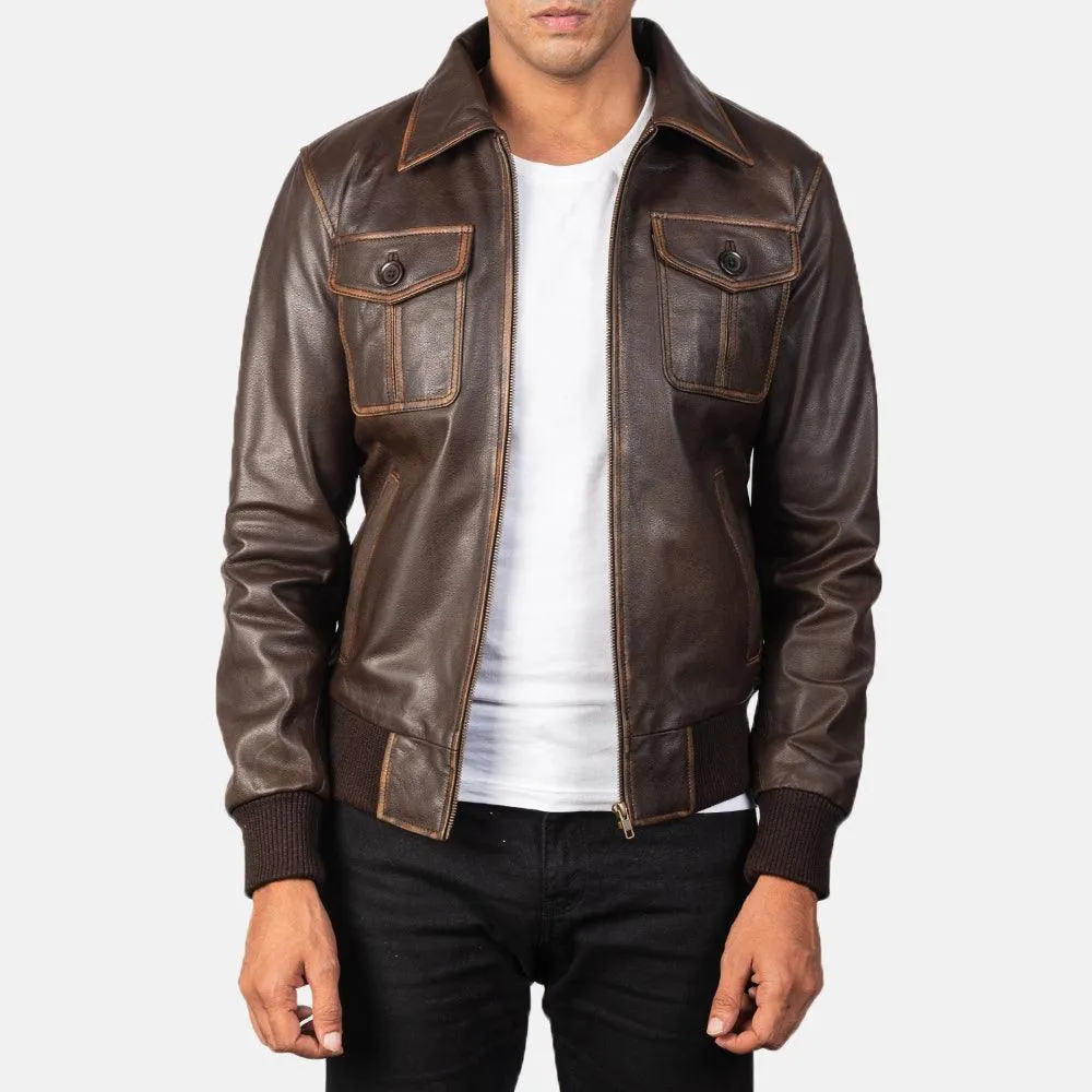 Mens Brown Leather Bomber Jacket with Waxed Edges