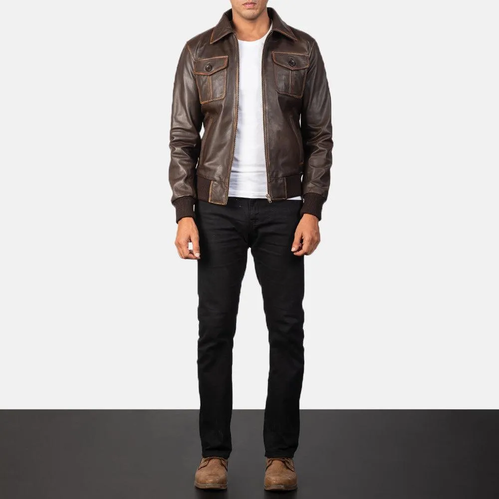 Mens Brown Leather Bomber Jacket with Waxed Edges