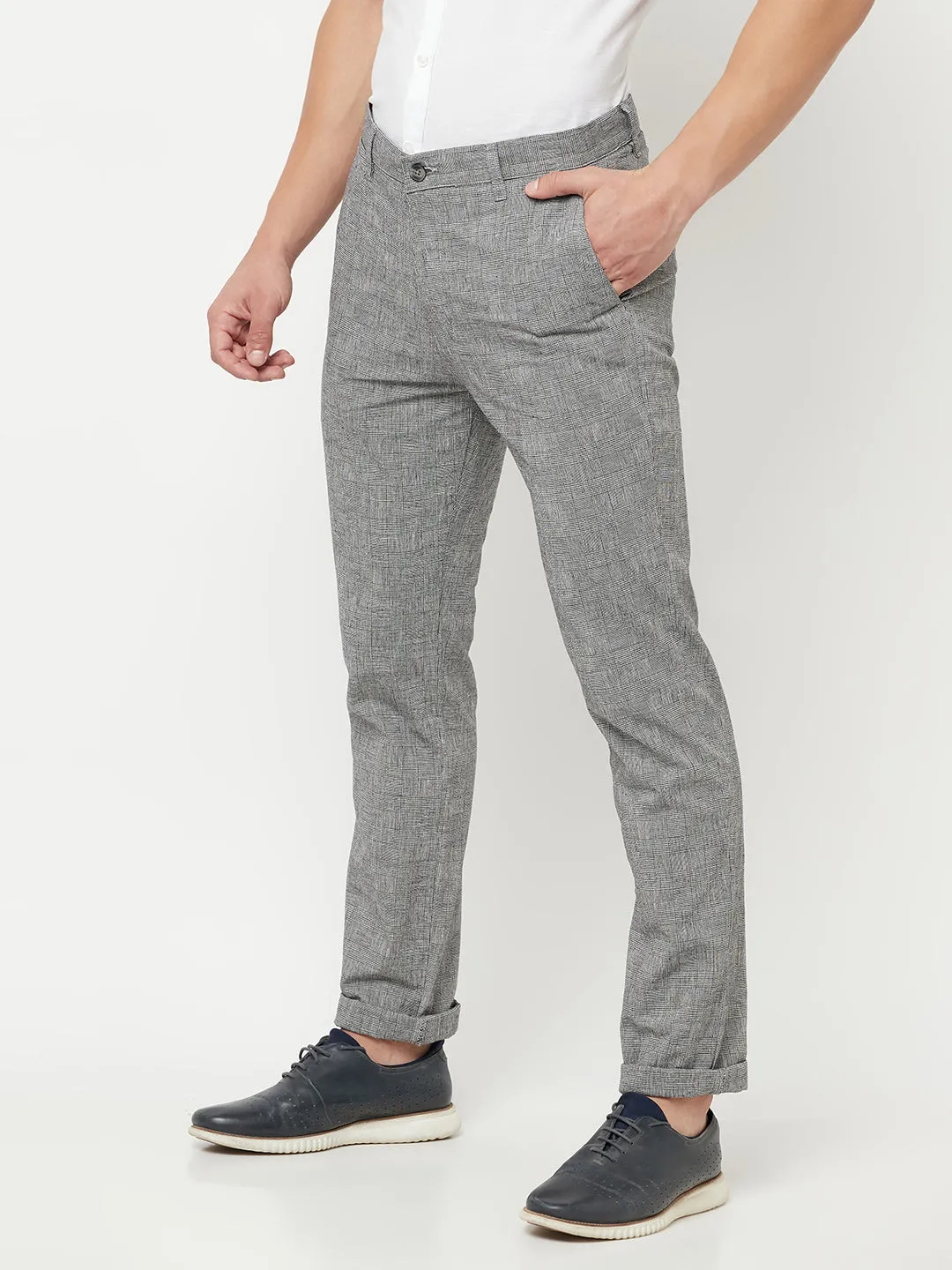 Men's Casual Flat front Black Checks Trousers