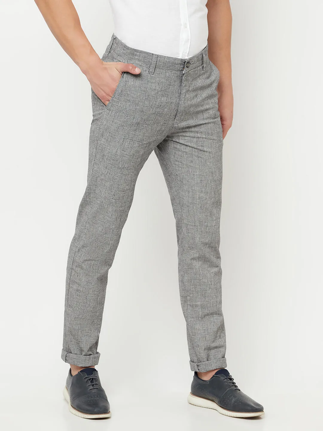 Men's Casual Flat front Black Checks Trousers