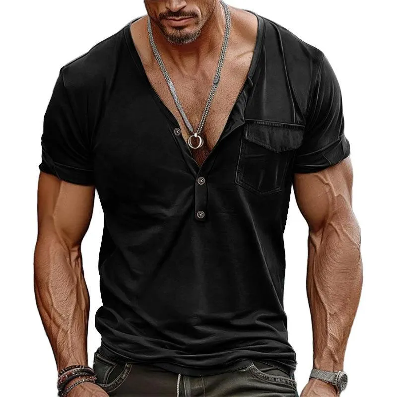 Men's Casual Henley V-Neck Slim Fit Chest Pocket Short Sleeve T-Shirt 34894607Y