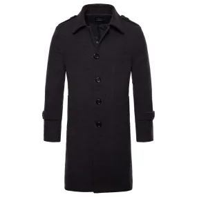 Men's Coat Long Slim Fit Winter Coat Solid Color with Flap Collar Grey