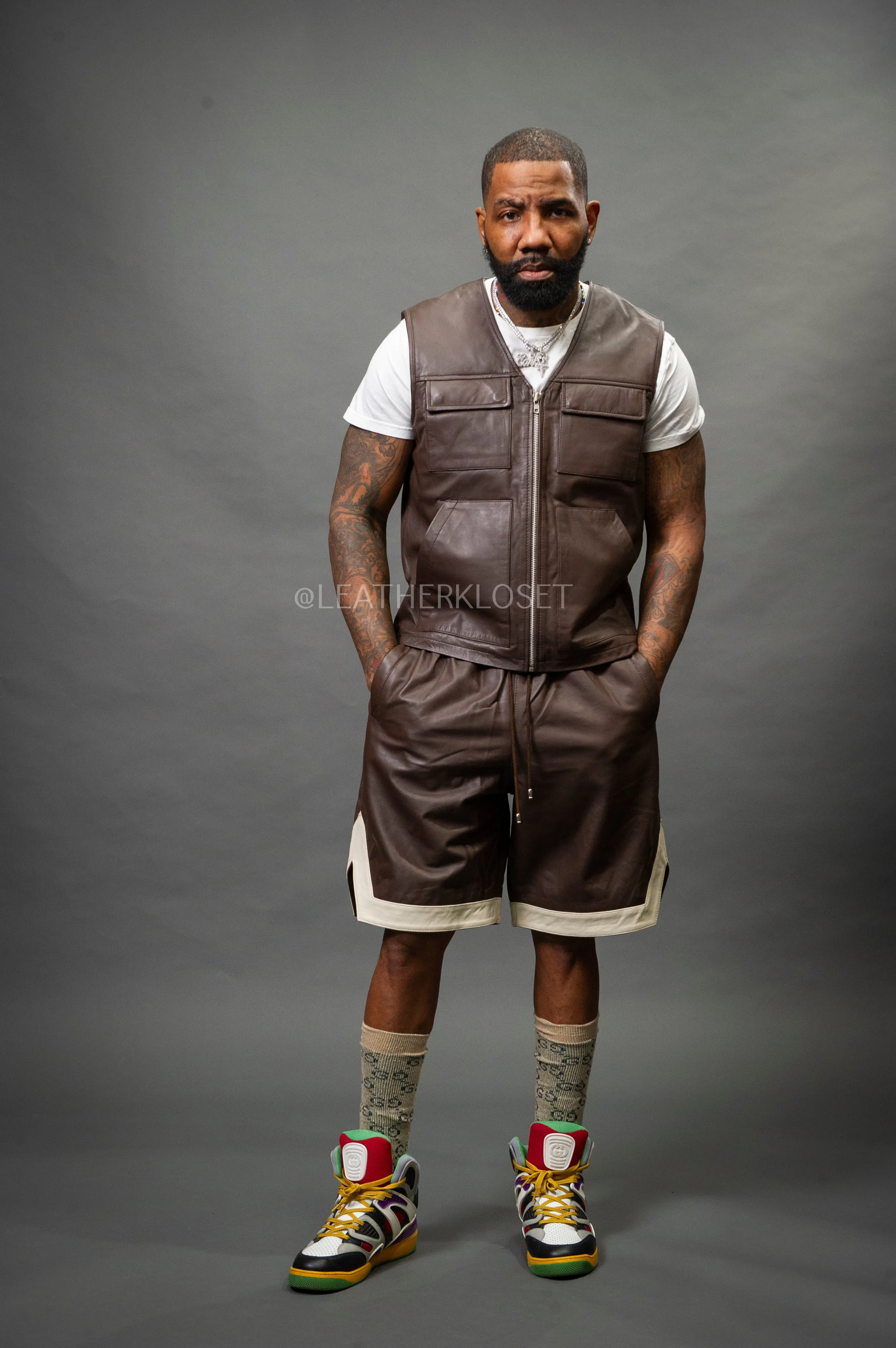 Men's Leather Brooklyn Vest With Leather Basketball Shorts [Chocolate/Beige]