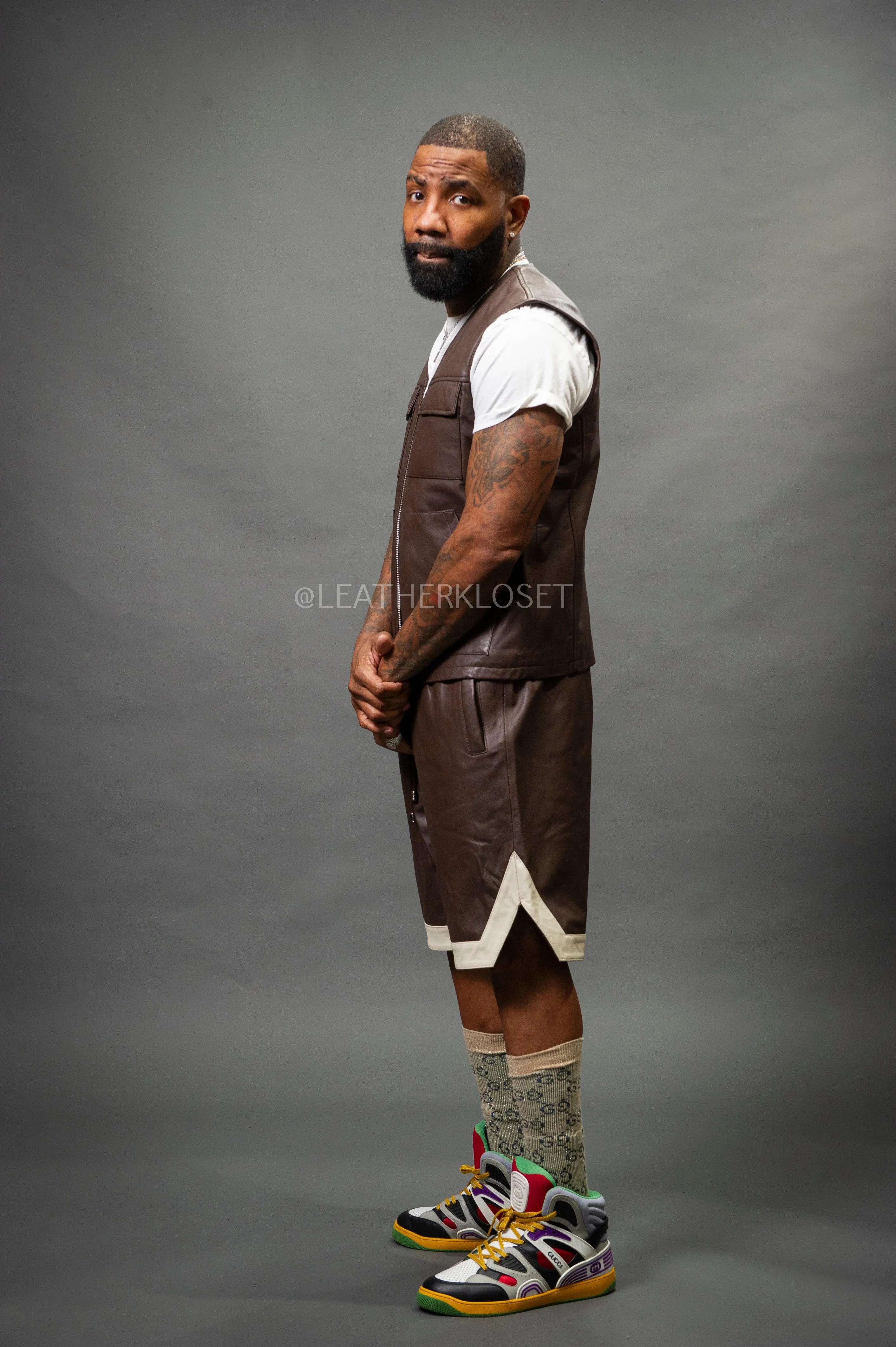 Men's Leather Brooklyn Vest With Leather Basketball Shorts [Chocolate/Beige]