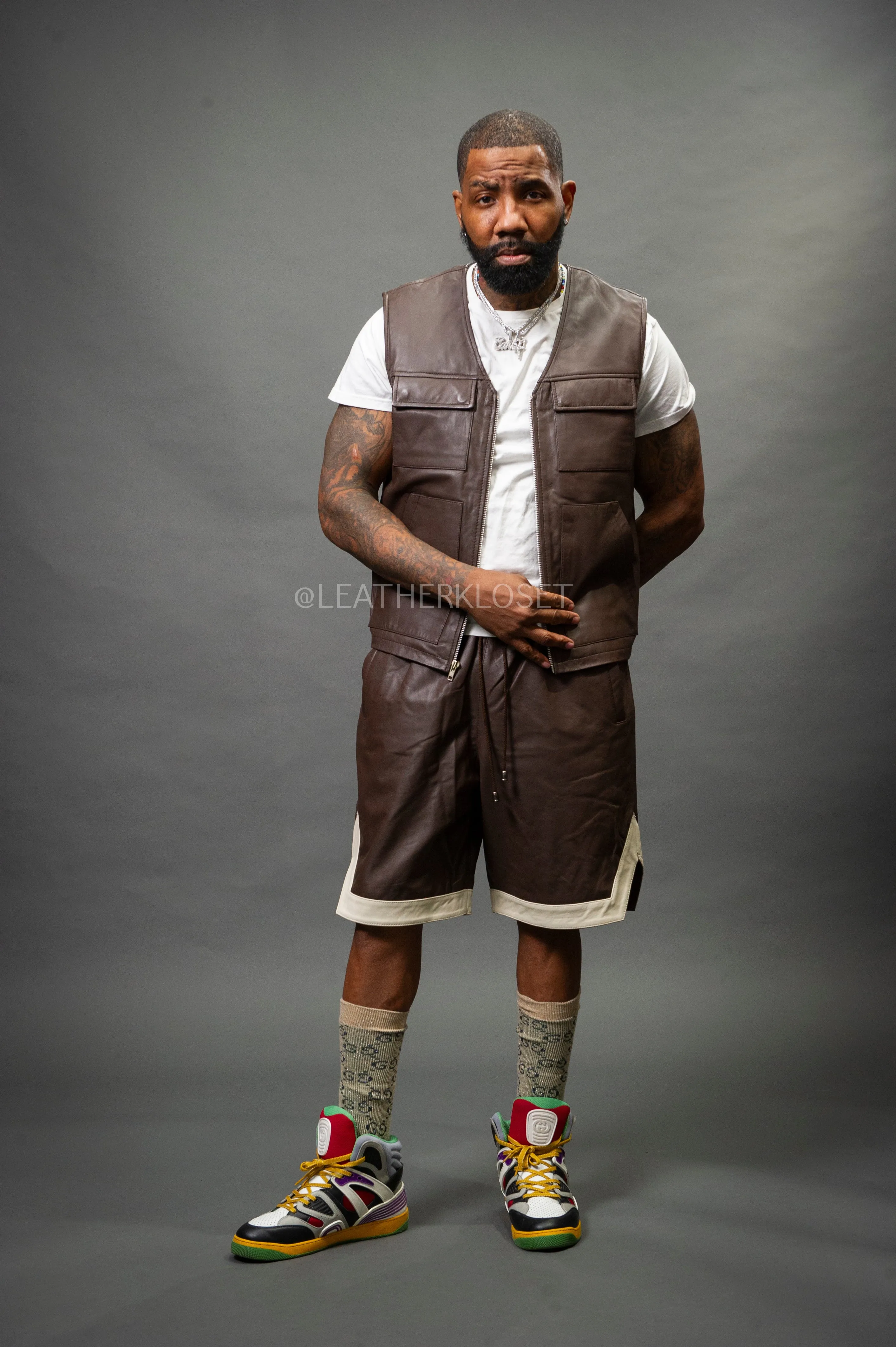 Men's Leather Brooklyn Vest With Leather Basketball Shorts [Chocolate/Beige]