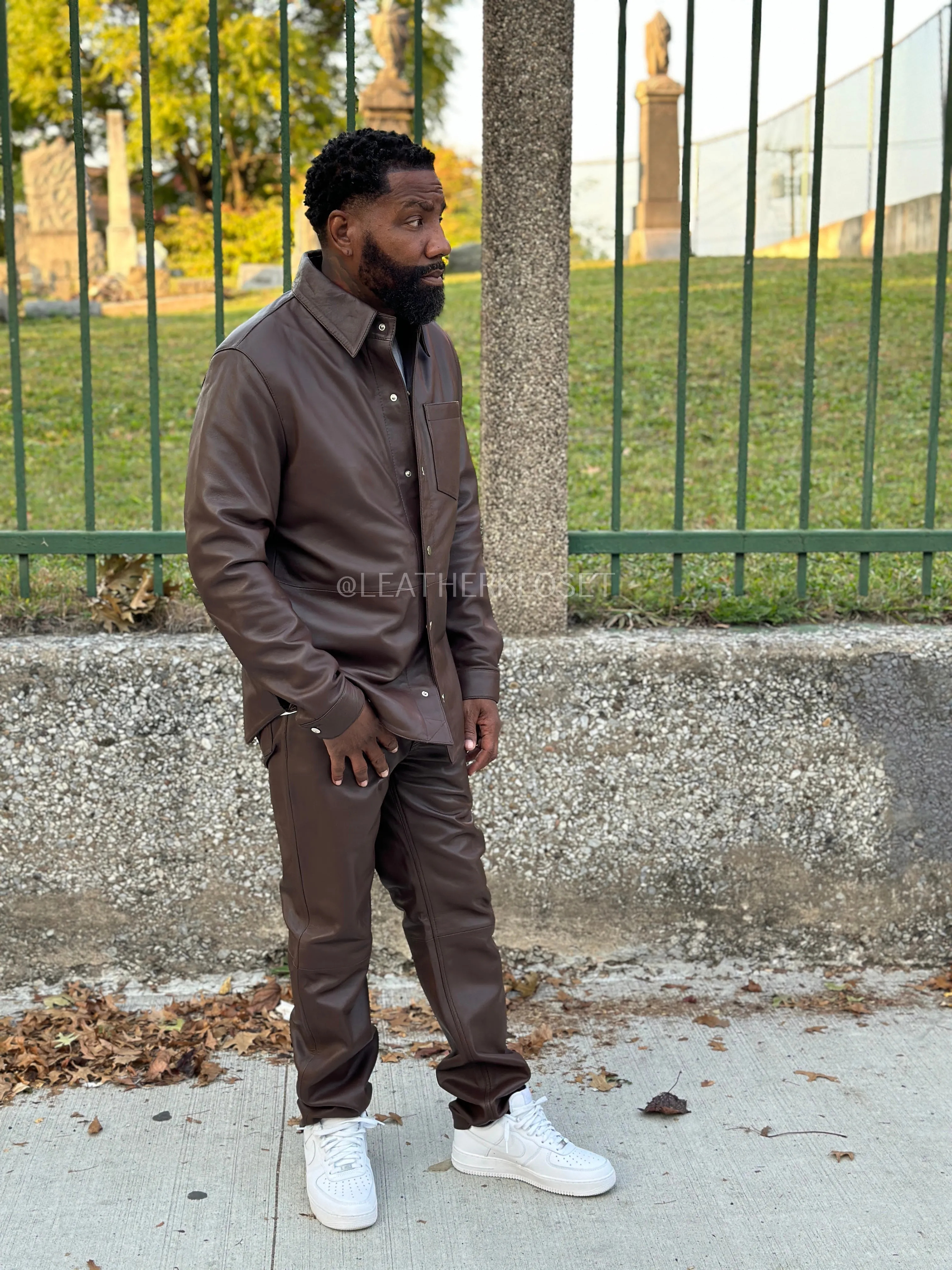 Men's Luka Leather Shirt And Pants Set [Chocolate Brown]