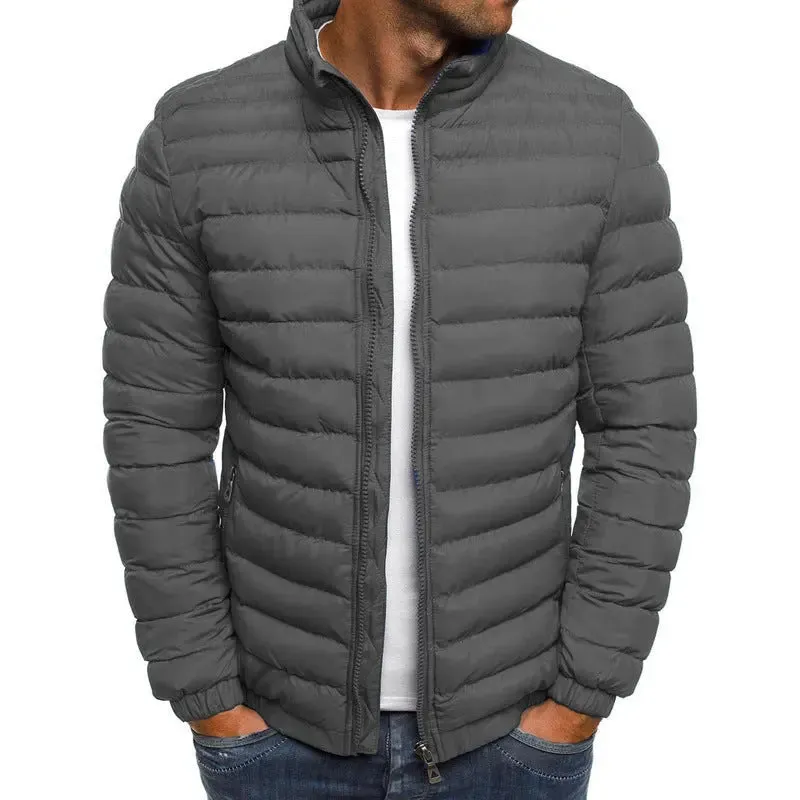 Mens Quilted Jacket – Zipper Solid Color Coldproof Padded Overcoat for Outdoor