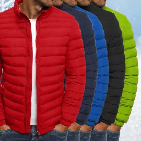 Mens Quilted Jacket – Zipper Solid Color Coldproof Padded Overcoat for Outdoor