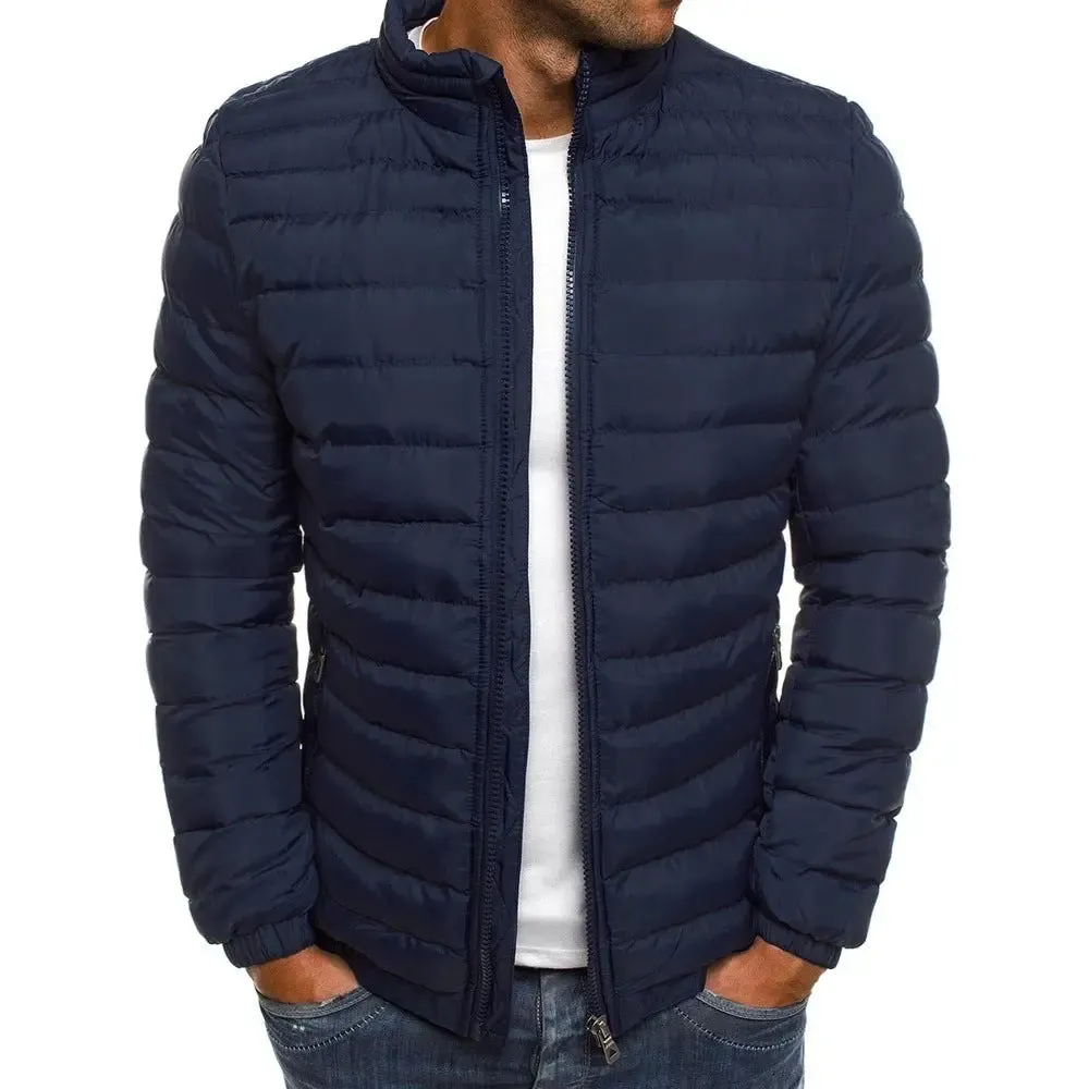 Mens Quilted Jacket – Zipper Solid Color Coldproof Padded Overcoat for Outdoor