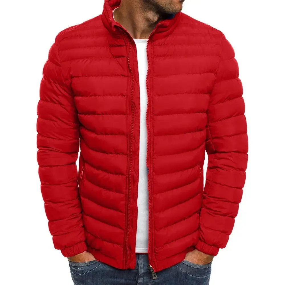 Mens Quilted Jacket – Zipper Solid Color Coldproof Padded Overcoat for Outdoor