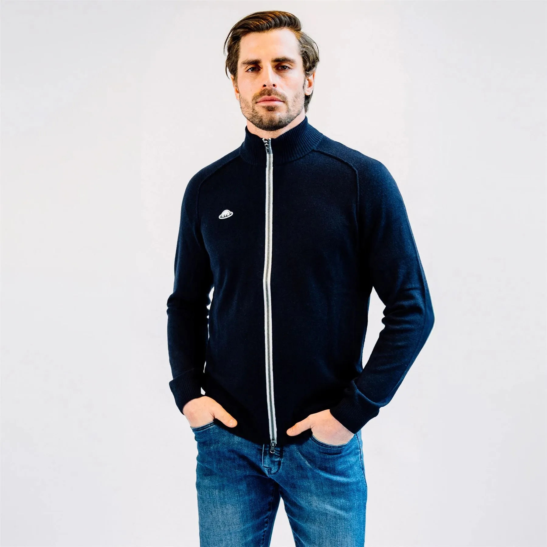 Merino Cashmere Blend Zip Cardigan Navy - 2025