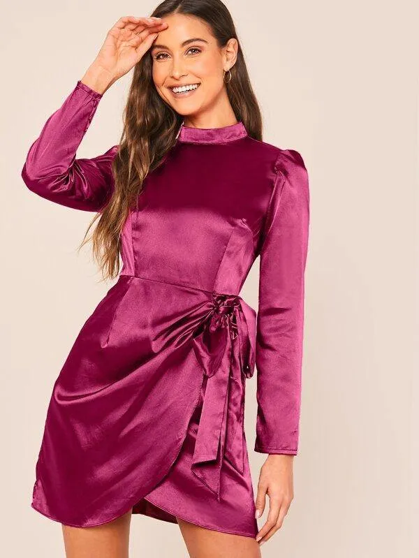 Mock-Neck Wrap Tie Side Satin Dress