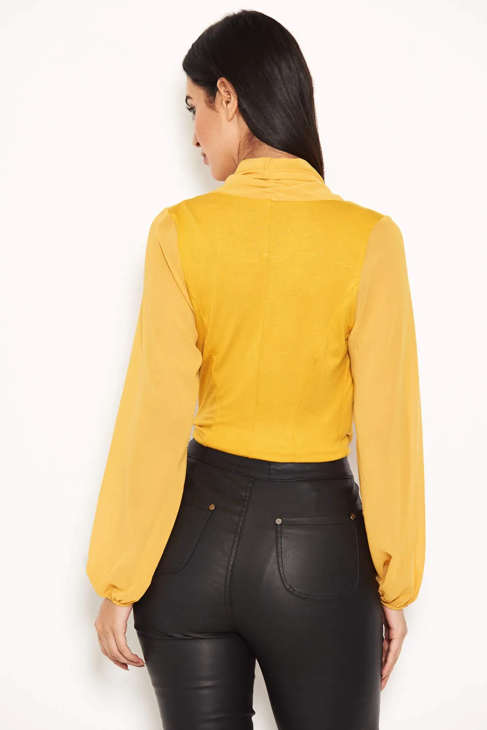 Mustard Mesh Detail Sleeved Bodysuit