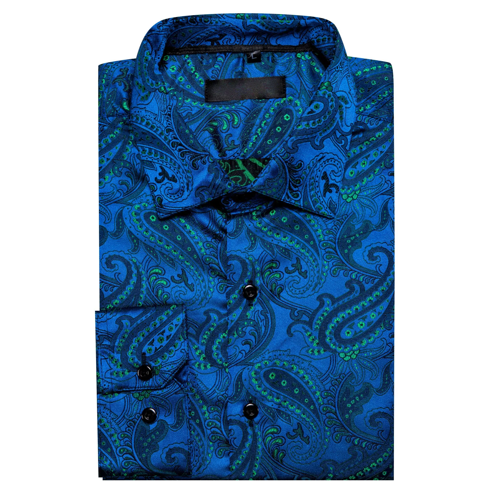 Navy Blue Green Paisley Silk Men's Long Sleeve Shirt