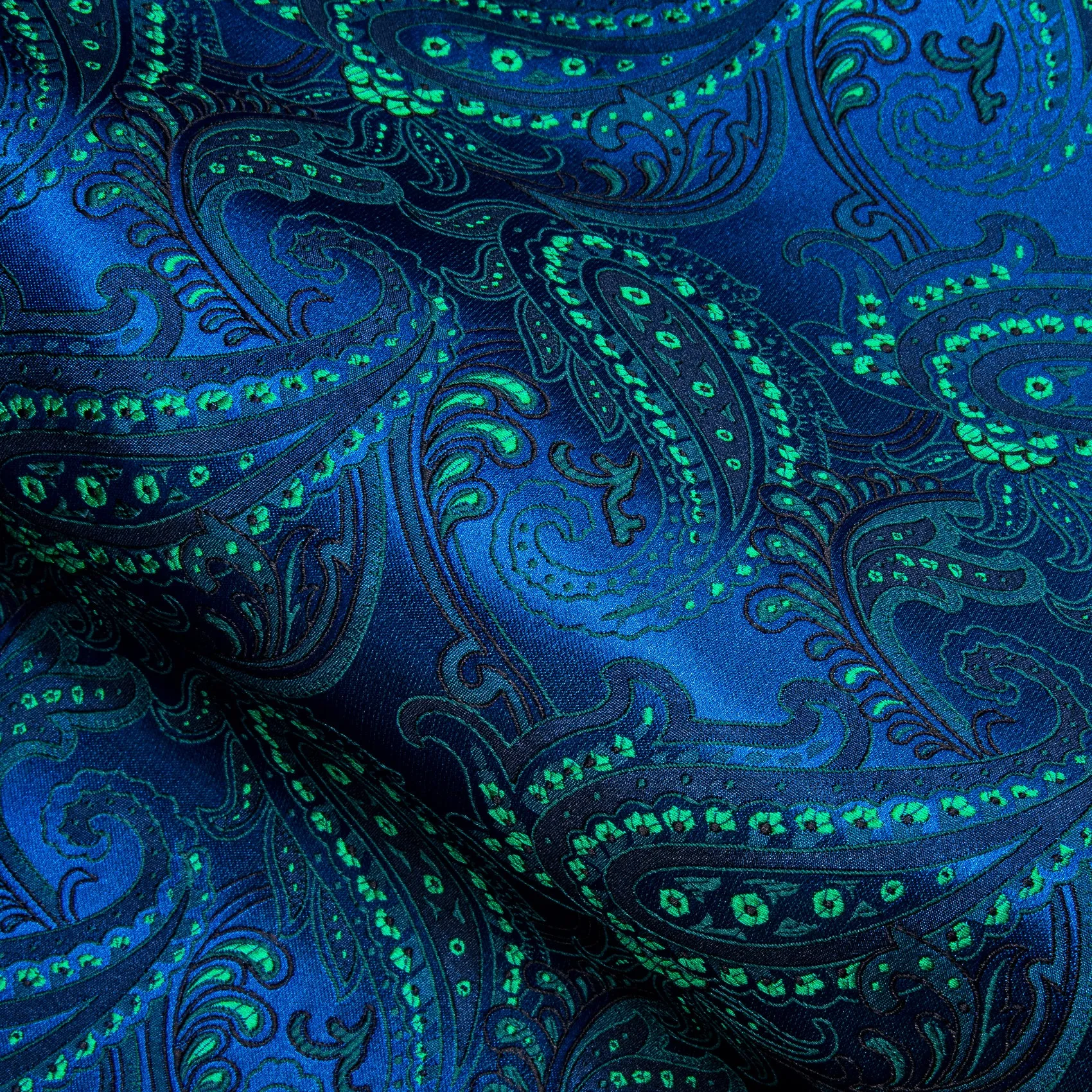 Navy Blue Green Paisley Silk Men's Long Sleeve Shirt