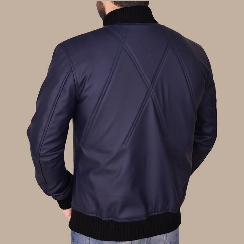 Navy Blue Varsity Leather Bomber Jacket for Men