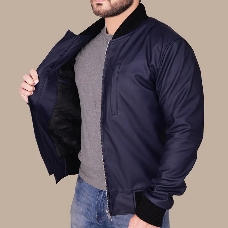 Navy Blue Varsity Leather Bomber Jacket for Men