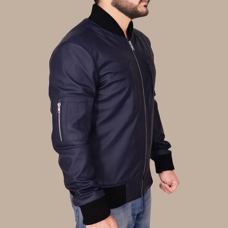 Navy Blue Varsity Leather Bomber Jacket for Men