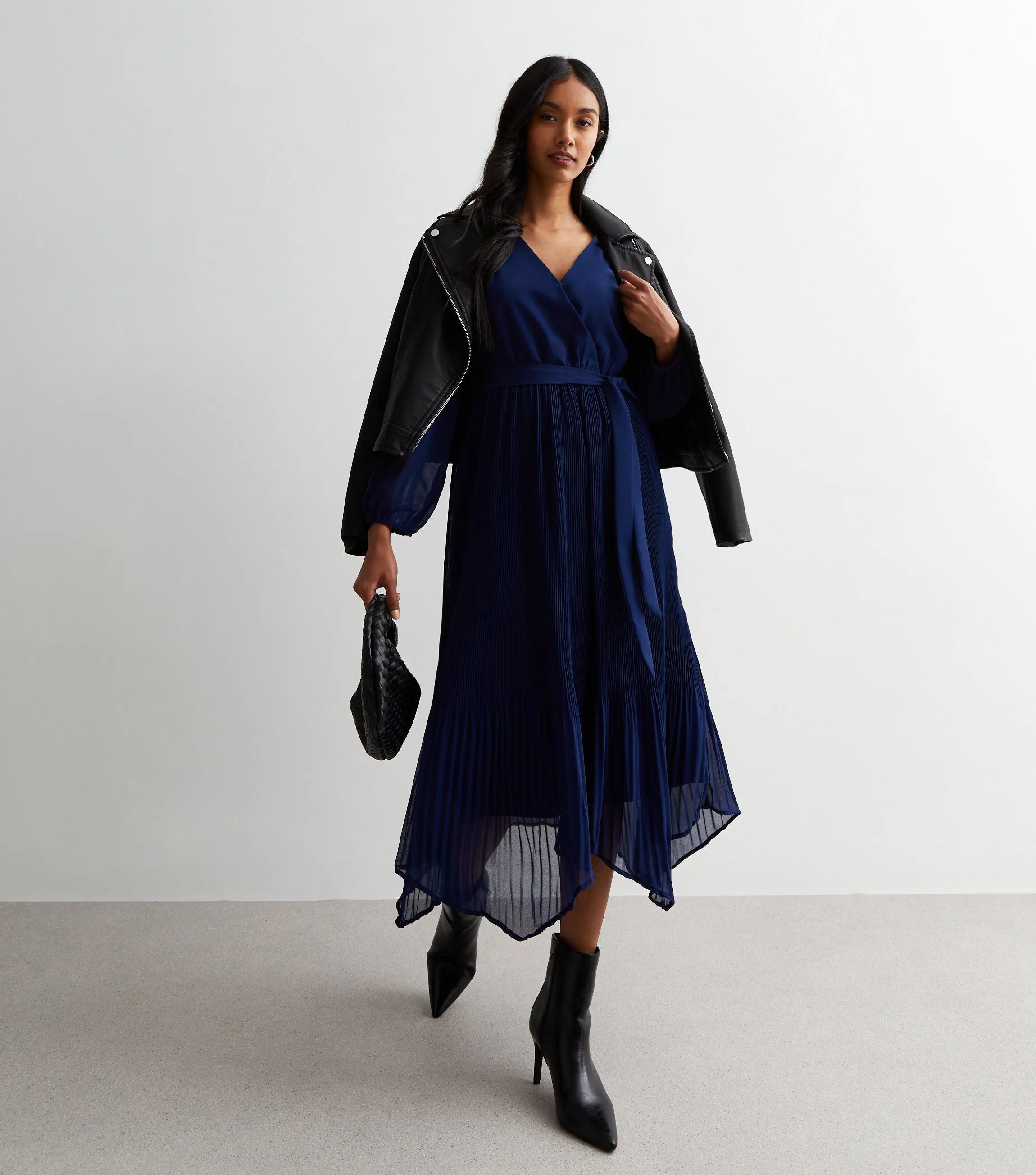 Navy Pleated Hanky Hem Wrap Midi Dress