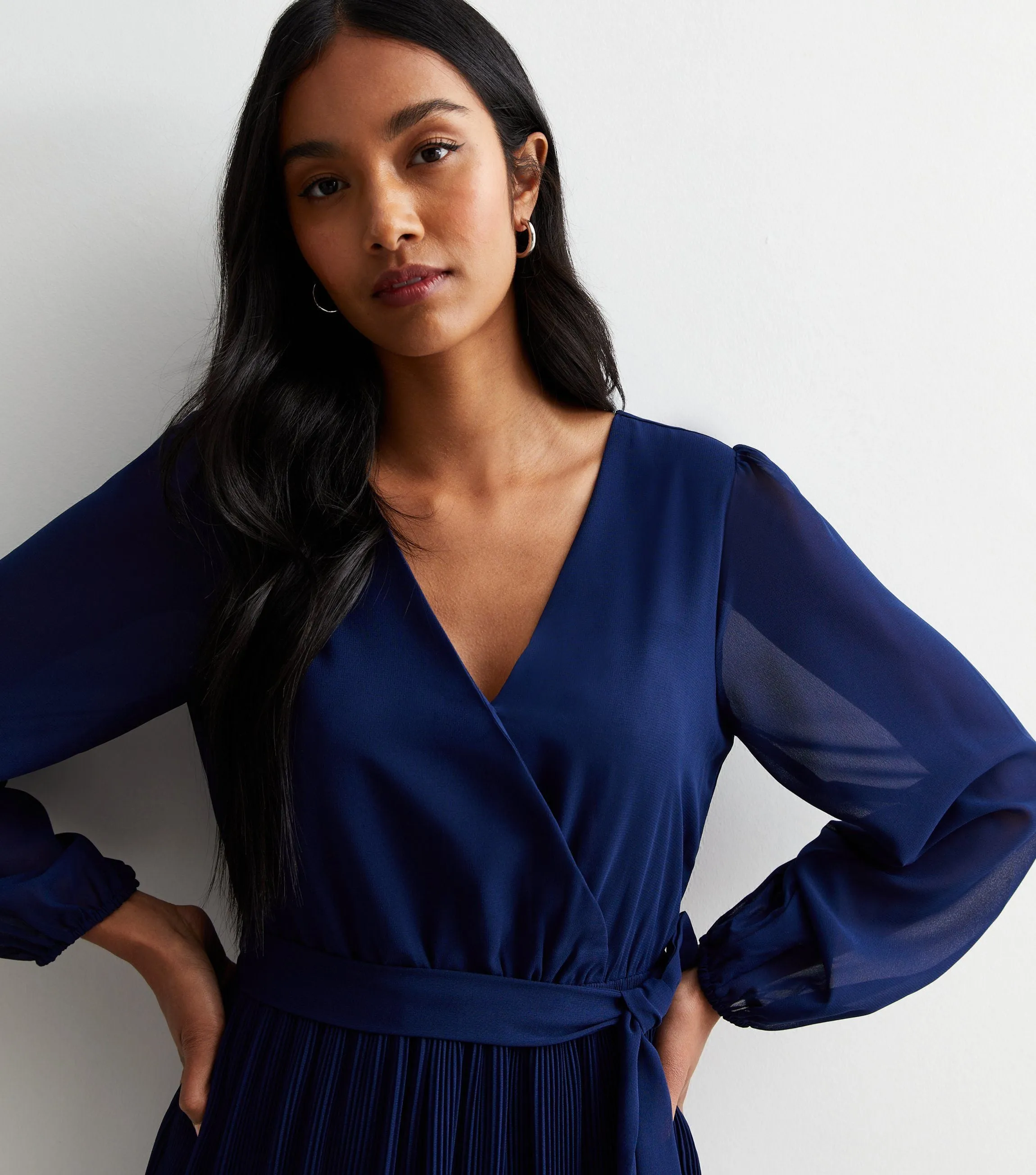 Navy Pleated Hanky Hem Wrap Midi Dress