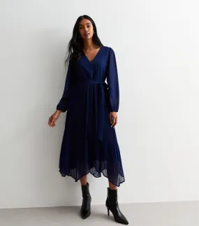 Navy Pleated Hanky Hem Wrap Midi Dress