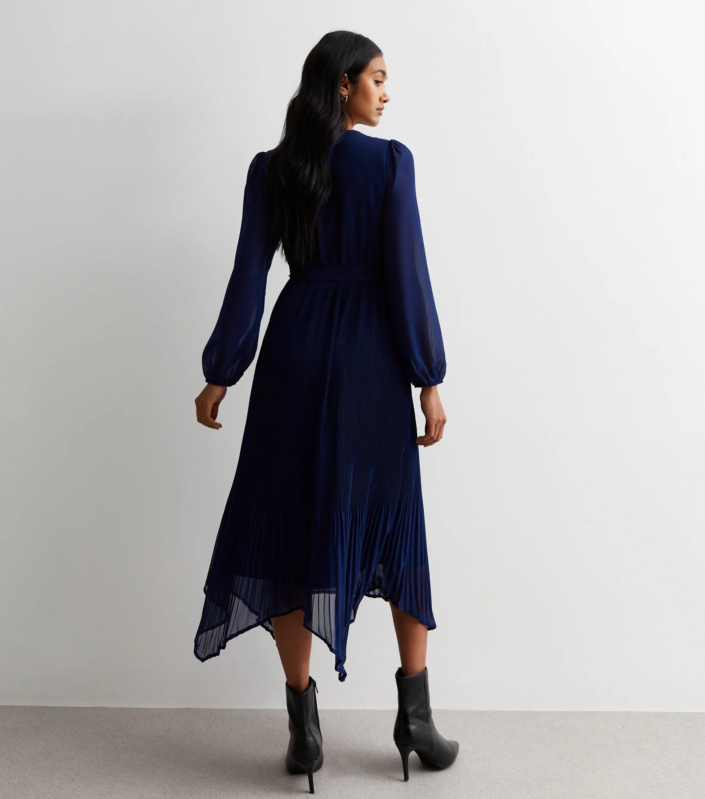 Navy Pleated Hanky Hem Wrap Midi Dress