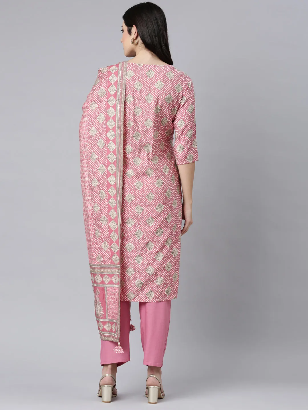 Neerus Pink Regular Straight Bandhani Kurta And Trousers With Dupatta