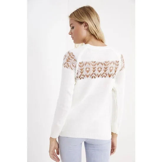 Off white Geometric Lace-Yoke Sweater