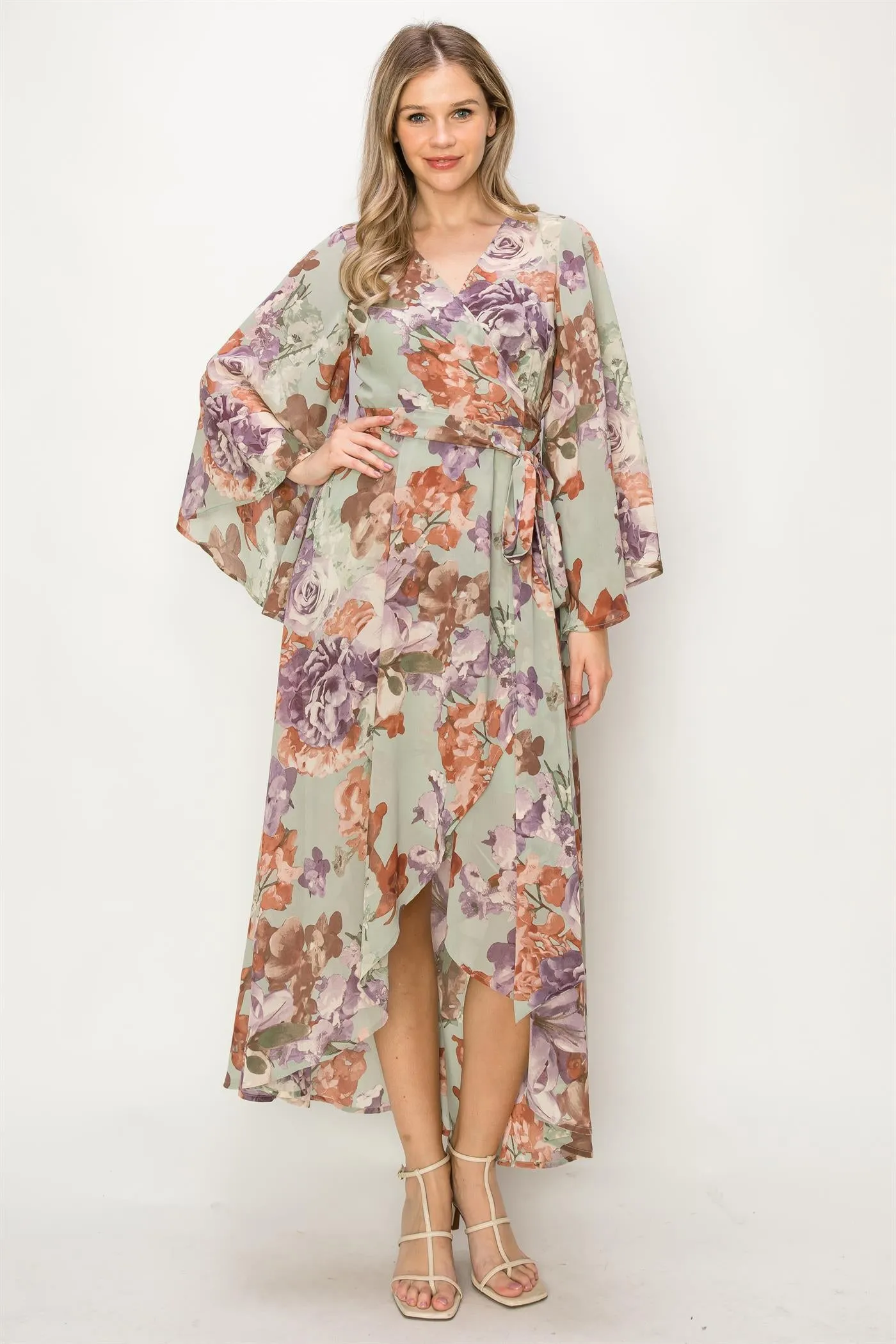 OL24A072-FLORAL V-NECK WRAP HIGH-LOW DRESS