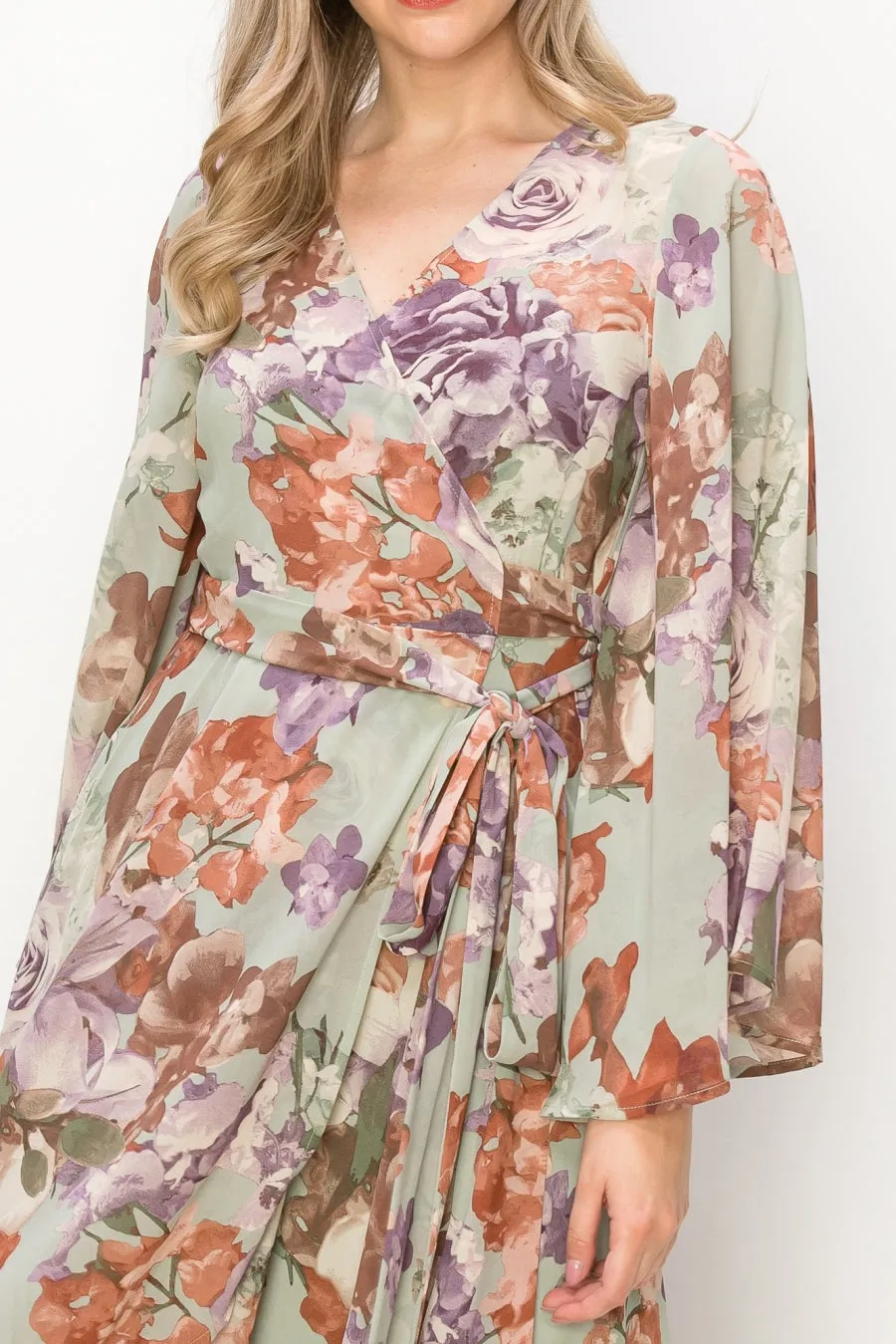 OL24A072-FLORAL V-NECK WRAP HIGH-LOW DRESS