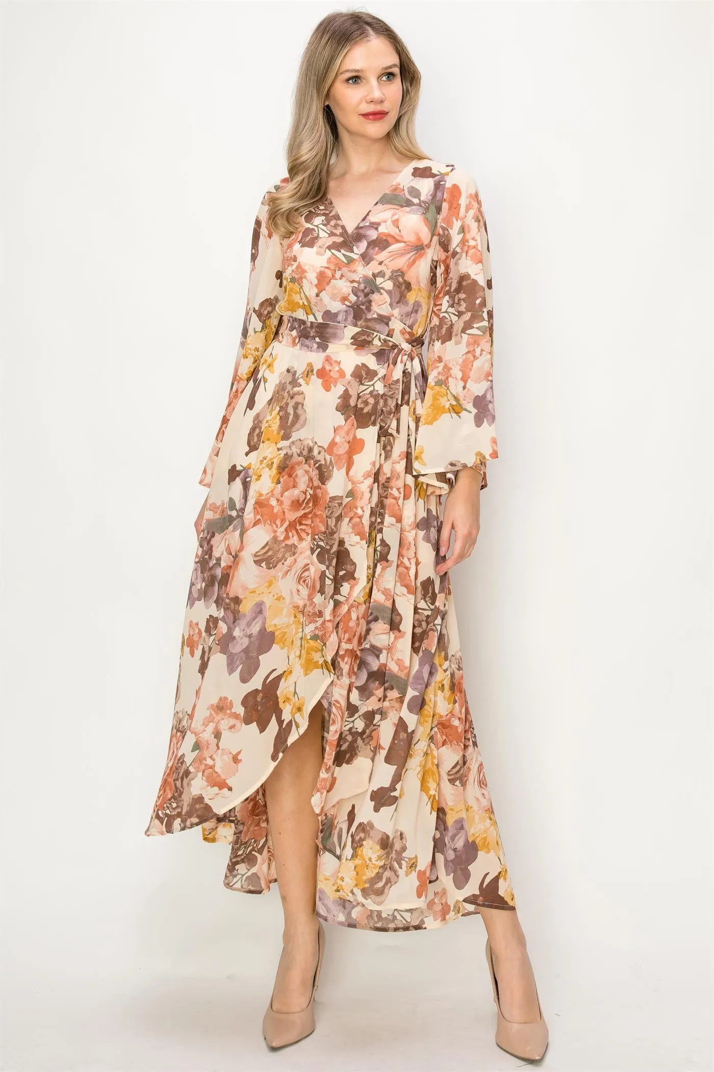 OL24A072-FLORAL V-NECK WRAP HIGH-LOW DRESS