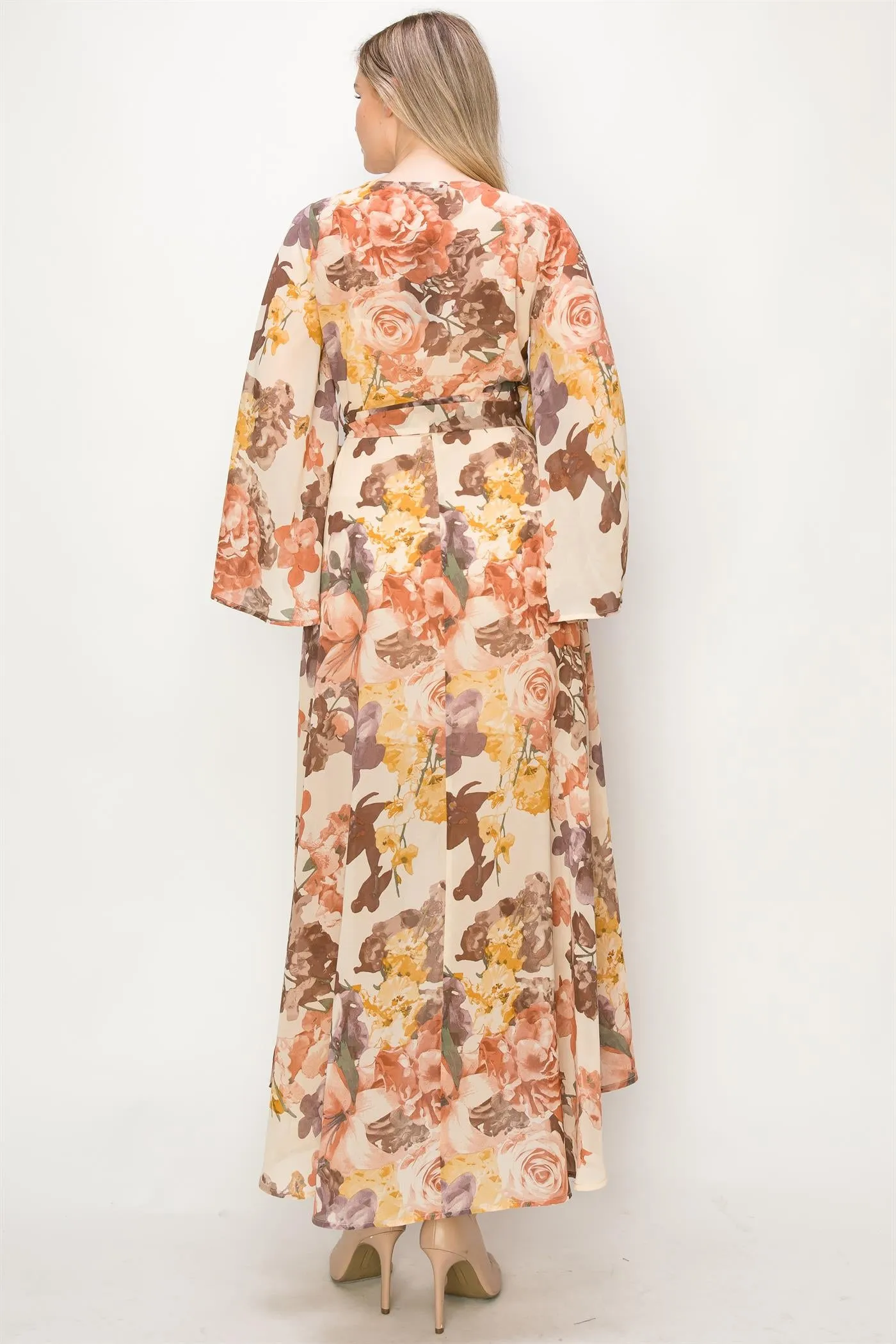 OL24A072-FLORAL V-NECK WRAP HIGH-LOW DRESS