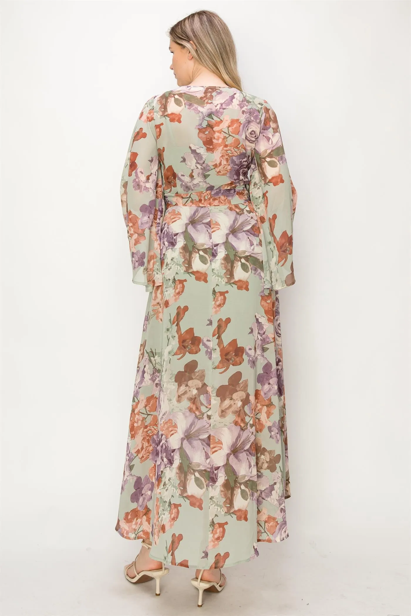 OL24A072-FLORAL V-NECK WRAP HIGH-LOW DRESS