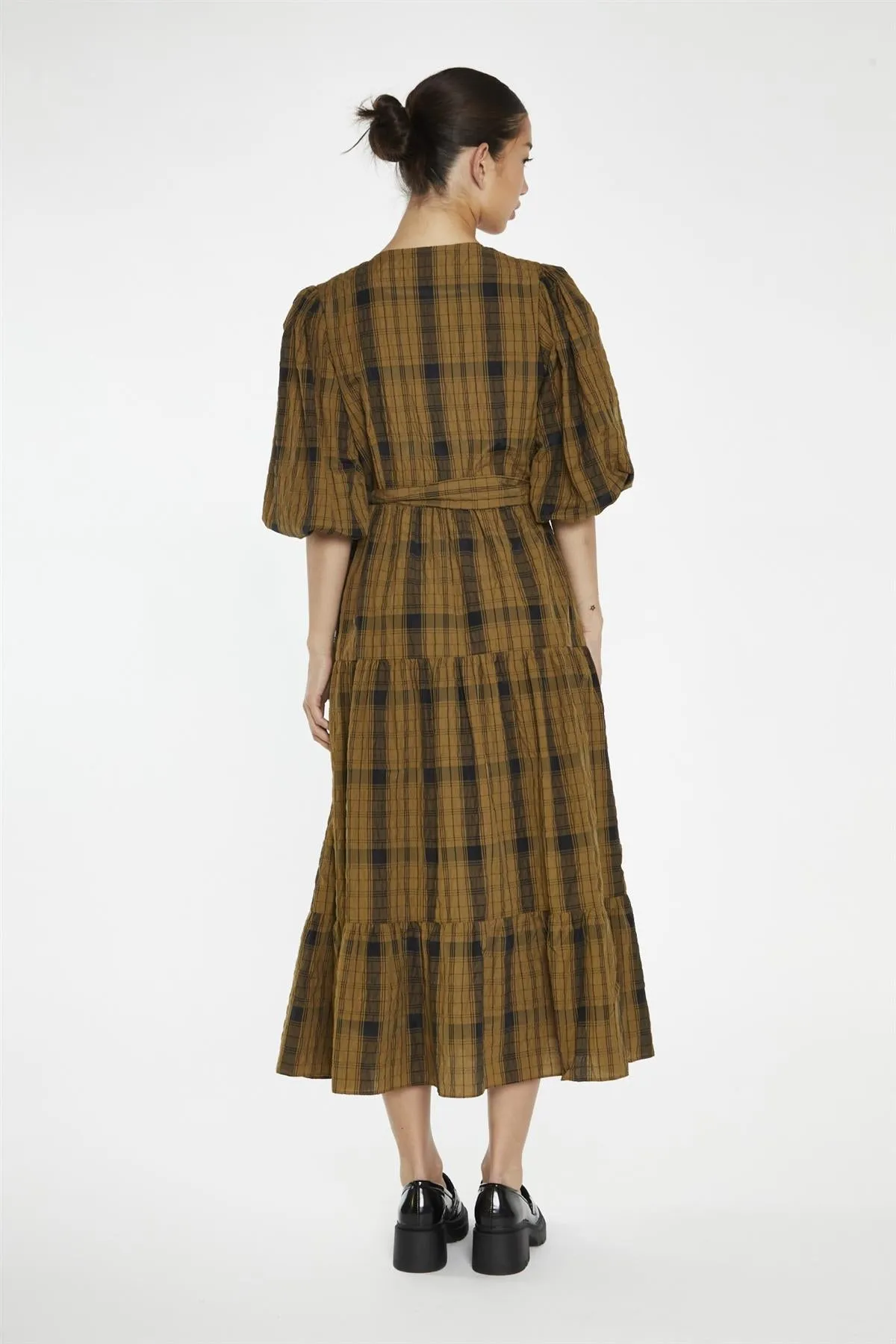 Olive-Check Wrap Midi-Dress