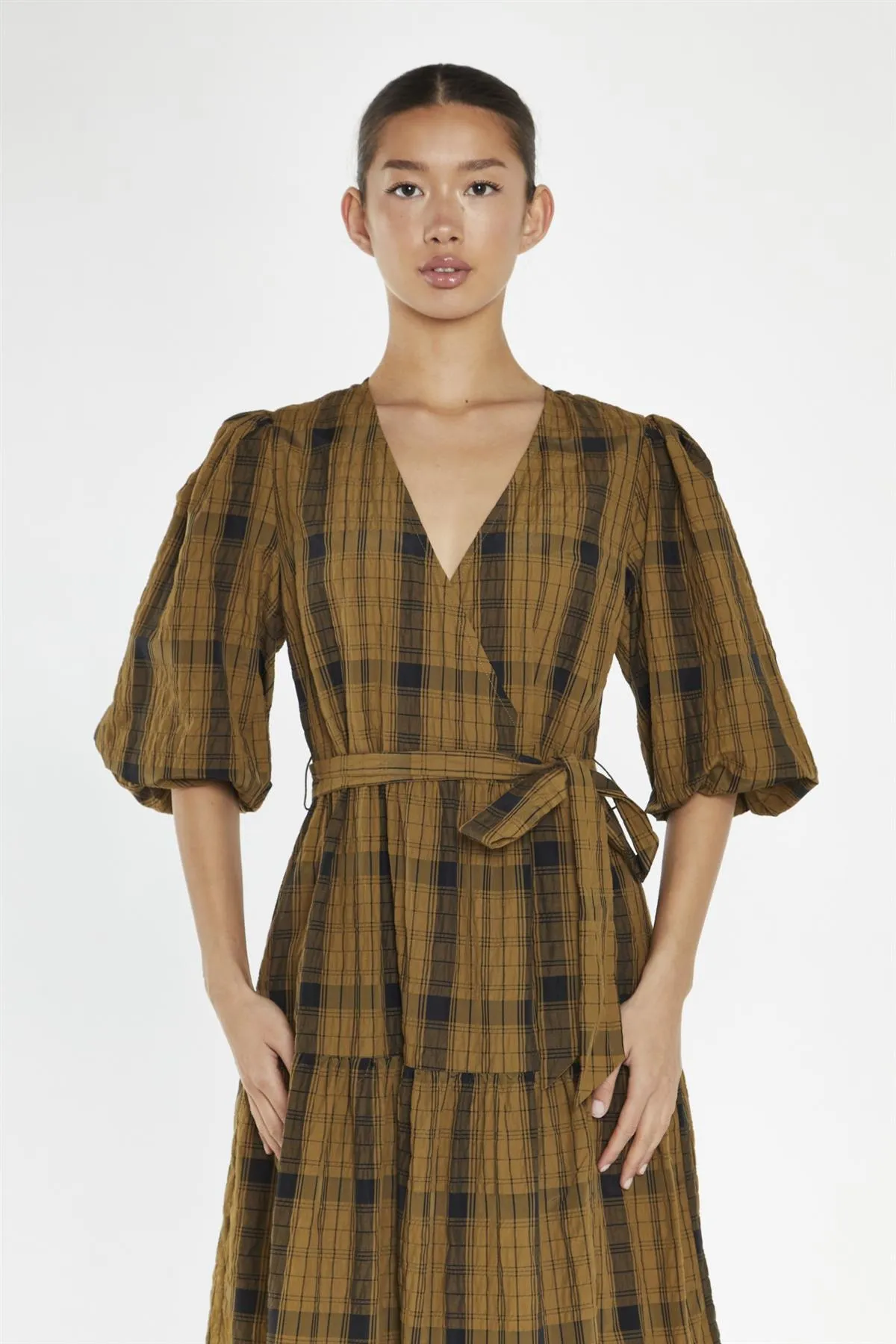 Olive-Check Wrap Midi-Dress