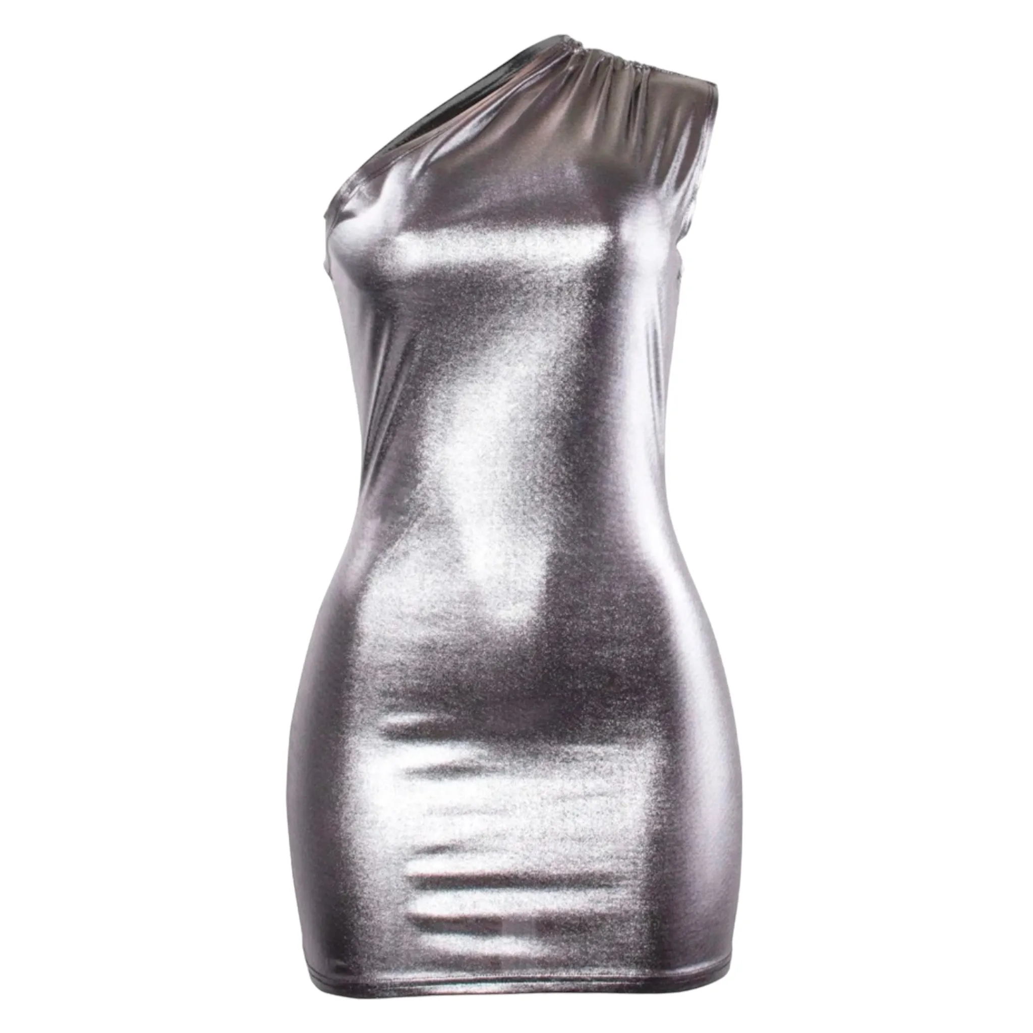 One Shoulder Ruched Metallic Bodycon Dress